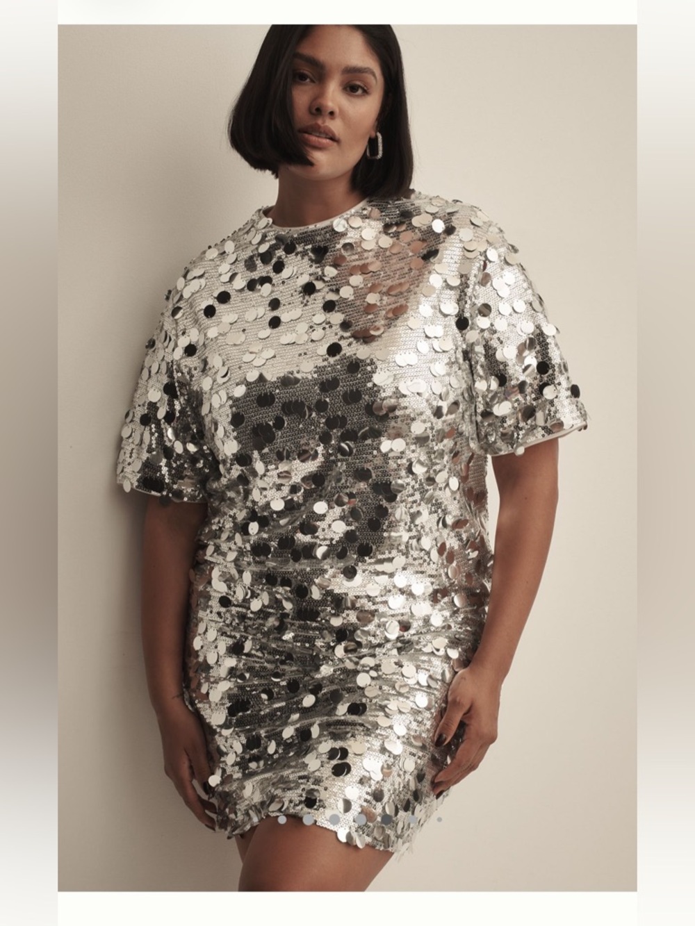 Glamorous Short Sleeve Silver Sequin Shift Dress Anthropologie Size 1X NWT